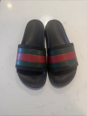 Gucci Black Slides with Green and Red Stripes